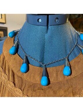 Turquoise Teardrop Bead Silver Tone Coil Wrap Statement Necklace Boho Southwest